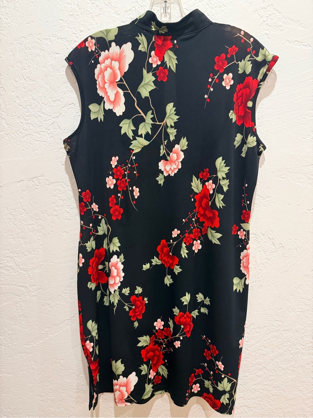 Floral Mock-Neck Shift Dress - Black with Red & Pink Blossoms